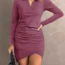 AUXDIO Women Bodycon Long Sleeve Dresses Casual V Neck Ruched Wrap 2026 Spring Fall Party Club Mini Dress (Pink, M)