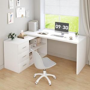 HSH White L Shaped Computer Corner Desk with 3 Storage Drawers 55 inch
Reversible Home Office Corner Desk with 2 Open Side Shelves Modern Wood Executive L Desks for Bedroom,Study Workstation