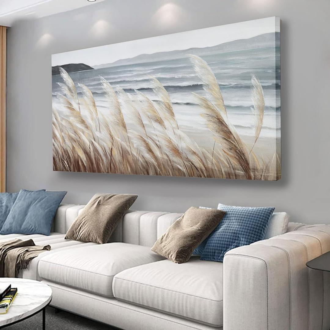 Plant Wall Art Nature Wall Art Reed Seascape Canvas Painting Wall Decor Framed Artwork for Bedroom Living Room Decoration Home Kitchen Office 24"x48"