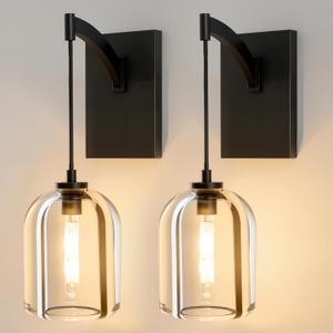 Crystal Brass Hemisphere Wall Sconce - Set of 2 Black Brushed Dimmable Sconces with Bulbs - Modern Hanging Light Decor - Luxury Indoor Lighting Fixture for Bedroom Living Room Bathroom Vanity Hallway, 2 Pack