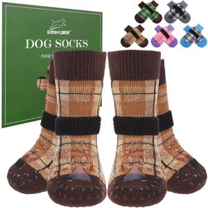 EXPAWLORER Dog Socks to Prevent Licking Paws, 4 Pcs Double Sided Anti Slip Dog Socks with Grippers, Dog Shoes Grips for Hardwood Floors, Dog Booties for Small Medium Large Senior Dogs, Khaki M