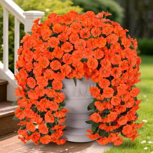 HyeFlora Artificial Fake Hanging Flowers Plants for Outdoor Outside Spring Decor, 2PCS Faux Silk Orange Morning Glory Trailing Vines UV Resistant Look Real for Home Planter Porch Patio