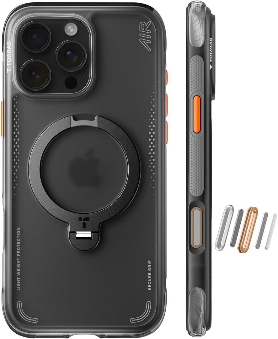 TORRAS Ostand Q3 Air for iPhone 16 Pro Case with Real Airbags, Fit for MagSafe, 360 Magnetic Stand, Camera Control Button, Mil-Grade Protection, Shockproof & Stylish Case for iPhone 16 Pro 6.3", Black