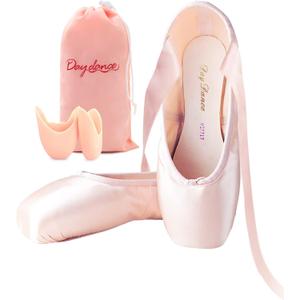 Daydance Women's Pointe Shoes Pink Ribbon Ballerina Ballet Shoes with Silicone Toe Pads (Light Pink, 6.5)