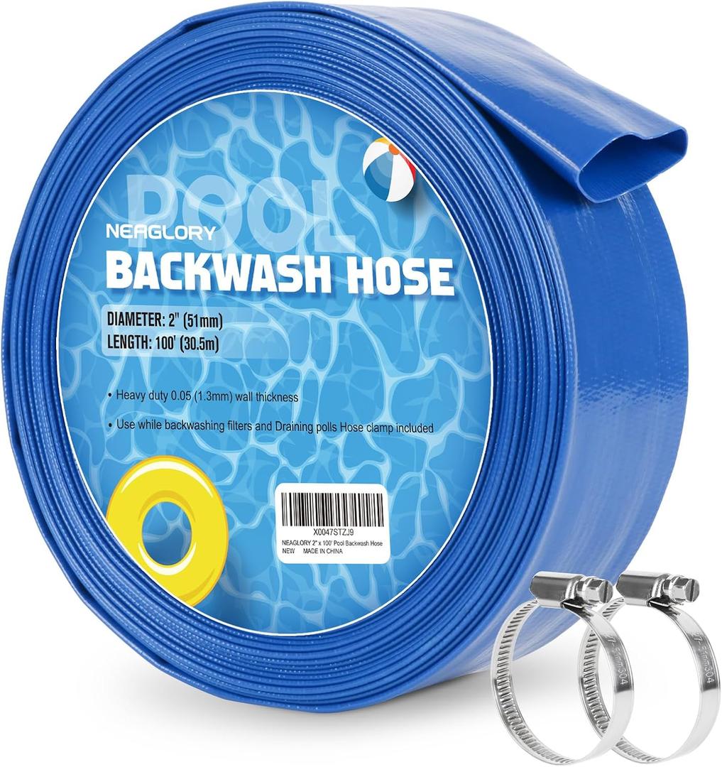 2" x 100 FT Pool Backwash Hose, Heavy Duty Flat Discharge Hose, Reinforced Discharge Hose with Clamp, Weather and Burst Resistant, Drain Clean Swimming Pools and Filters for Inground Pools