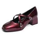 NEWBELLA Women's Retro Mary Janes - Patent Leather Chunky Heel Pumps with Cross Strap & Square Toe, Comfortable French Style Dress Shoes for Work & Daily Wear, Burgundy 8.5