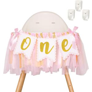 1st Highchair Banner Birthday Girl - NO DIY First Birthday Highchair Banner Pink One Year Old Birthdays Party Decoration 1st Highchair Garland Decoration for Princess Fairy Baby Photo Prop Party Decor