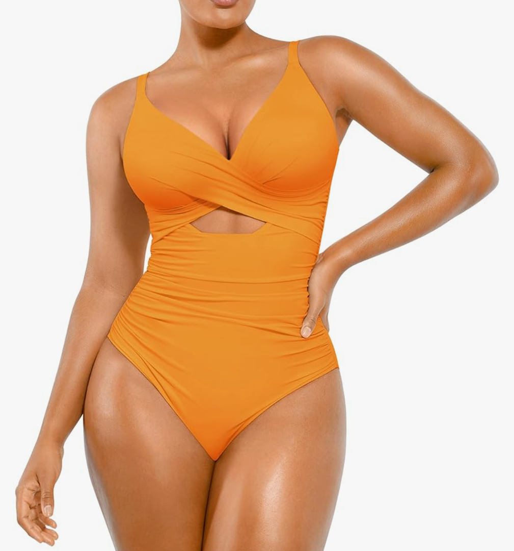 SHAPELLX Tummy Control Swimsuits Women V Neck One Piece Bathing Suit Ruched Push Up Slimming Swimwear Built-in Bra XL