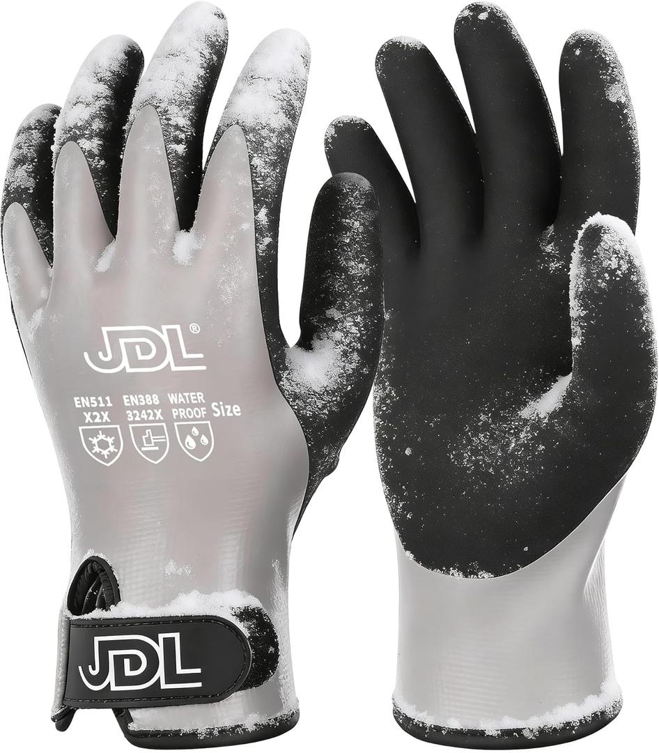 JDL 100% Waterproof Winter Work Gloves for Men & Women, Thermal Insulated Freezer Gloves for Cold Weather, Super Grip Palm (Large, Grey)