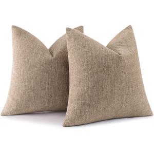 decorUhome Chenille Decorative Throw Pillow Covers 18x18 Set of 2, Farmhouse Textured Square Neutral Solid Accent Pillow Covers for Couch Sofa Bed Living Room Home Decor, Khaki