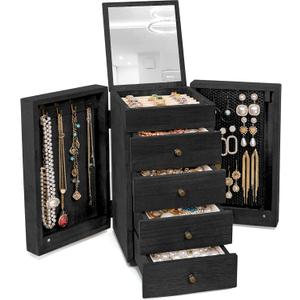 Meangood Jewelry Box Wood for Women, 5-Layer Large Organizer Box with Mirror & 4 Drawers for Rings, Earrings, Necklaces, Black