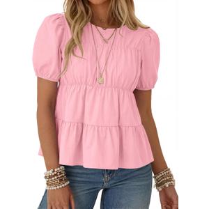 Rapbin Womens Puff Short Sleeve Babydoll Tops Summer Peplum Pleated Cotton T Shirts Casual Loose Fit Flowy Blouses (Pink, S)