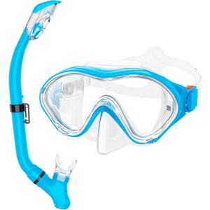 Snorkeling Gear for Kids with Foldable Silicone Full Dry Snorkel, Kids Snorkel Set Anti Leak Youth Junior Snorkeling Package Diving Mask Soft Tube with Mesh Bag Scuba Swimming Goggles (Light Blue)