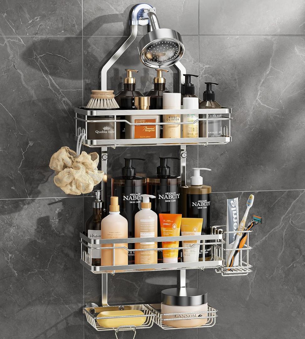 OMAIRA 5-Pack Shower Caddy Hanging Organizer, Stainless Steel Rust-free No Drilling Adjustable Non-Slip Non-Shake Bathroom Caddy Organizer storage for Inside Bath Over Shower Head Rack Holder,Silver