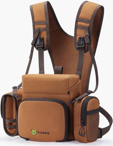 TIDEWE Binocular Harness Chest Pack with MOLLE System, 2 Detachable Pouches, Silent Magnetic Closure, Lightweight & Waterproof Bino Harness for Hunting, Hiking & Birdwatching, Brown