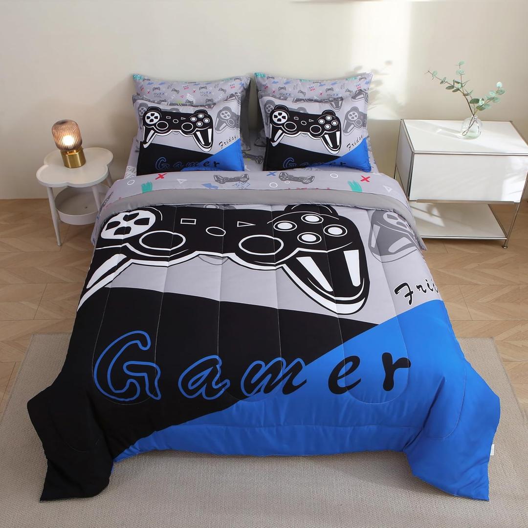 7 Pieces Gamer Comforter Set for Boys Gaming Bedding Set for Kids Girls Teens,Video Game Bed in a Bag with Comforters, Sheets, Pillowcases & Shams (Blue)