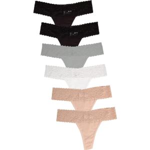Jo & Bette Lace Thongs for Women - 6 Pack Low Rise Thongs - Lace Panties Cotton Underwear Women Sexy No Show Soft, S