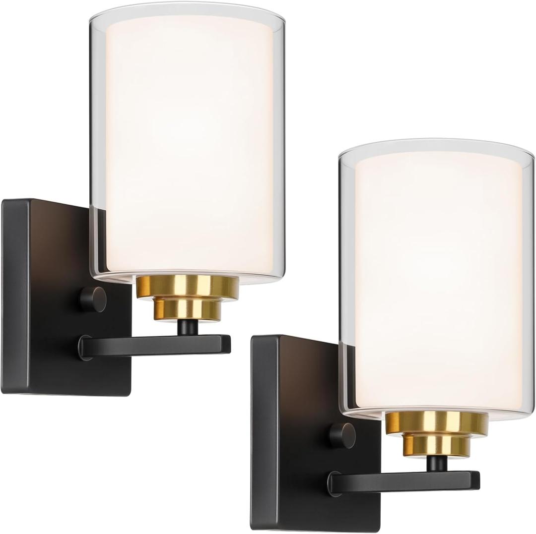 Set of 2 Wall Sconces for Bathroom, Modern Vanity Light Fixtures, Black & Gold Wall Mount Lighting Lanterns, Farmhouse Wall Lights with Double Clear Glass Shade for Bedroom Living Room Mirror Hallway
