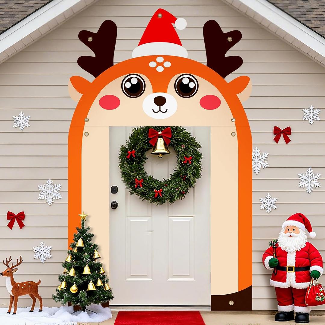 Christmas Reindeer Door Banner Decoration Xmas Door Cover Front Door Porch Banner Arch Red Reindeer Birthday Banner Wall Decor for Indoor Outdoor Yard Garage Photo Booth Prop Door Archway Decor