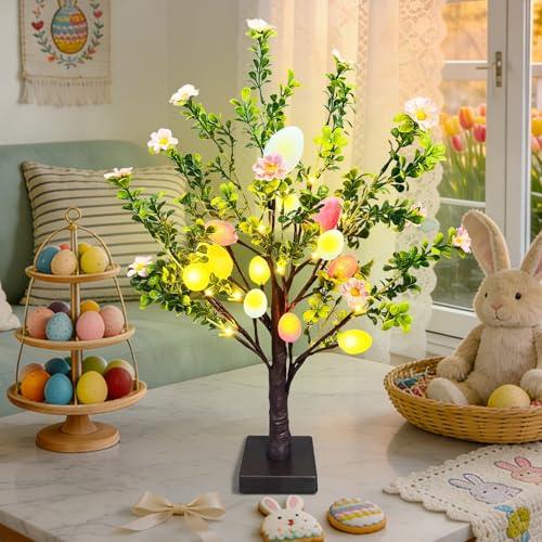 22 Inch Lighted Easter Tree Decorations with 12 Pink Flowers & 12 Eggs, Battery Operated Tabletop Artificial Spring Tree with Timer, DIY Prelit Easter Decor for Home Indoor Centerpiece