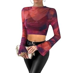 Remidoo Women's Mesh Top Mock Neck Bell Long Sleeve Crop Top Sheer Tops Tie Dye Shirt Red Large