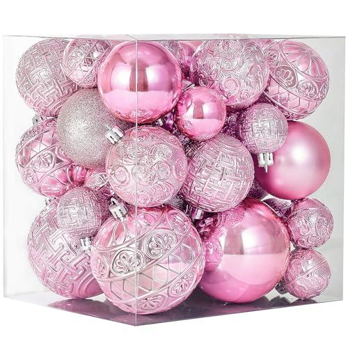 46 Pcs Pink Christmas Ball Ornaments, Shatterproof Christmas Tree Ornaments Set with Velvet Christmas Bows, Vintage Xmas Decorations with Hanging Hooks in 3 Sizes(Small Medium Large)