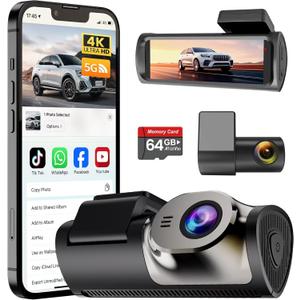 4K+1080P Dash Cam Front and Rear,64GB Card Included,5.8GHz WiFi Dash Camera for Cars,App up to 20MB/s Fastest Download,G-Sensor,Night Vision,24h Parking Monitoring,Loop Recording,170 Wide Angle