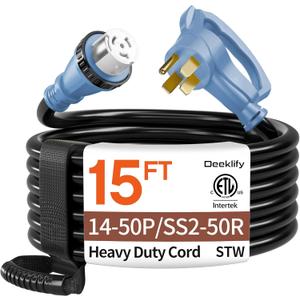 15FT 50 Amp Generator Cord, NEMA 14-50P/SS2-50R Heavy-Duty 4 Conductors Cable, Pure Copper STW RV Extension Cord, Female Plug with Twist Lock, Suitable for RV or Camper, ETL Listed