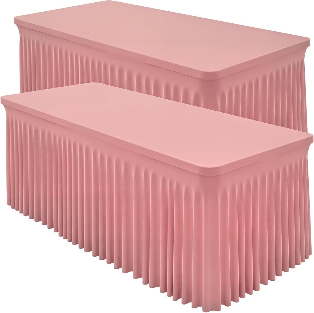 2 Packs Dusty Rose Spandex Table Cloths 8 Foot, Fitted Stretch Table Cover with Skirts 30x96 Inch, Wrinkle-Free Floor Length Tablecloths Rectangular for Weddings Parties Banquets Events Decorations