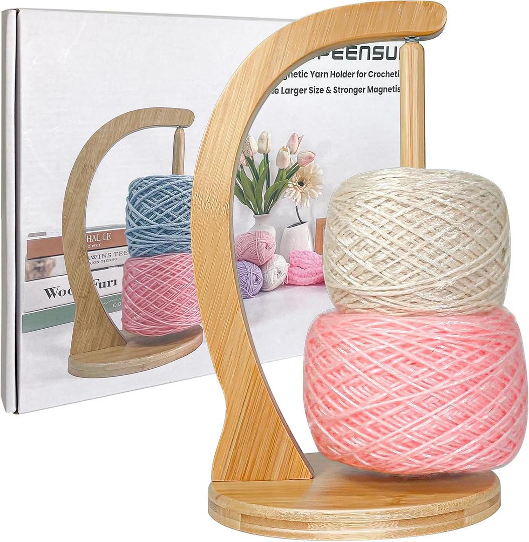 Yarn Holder for Crocheting, Crochet Yarn Holder, Upgrade Larger Size & Magnetic Yarn Ball Holder for Most Yarns, Rotating Yarn Holder Hold Yarn Up to 1.1 lbs with Packaging Box (Natural bamboo)