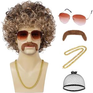 70s 80s Mens Disco Wig with Mustache Glasses Golden Chain Wig Cap Short Afro Curly Wigs For 60s Retro Disco Outfit Men Party Hippies Rocker Cosplay Costume Halloween(Blonde Mix Brown)