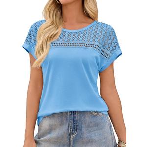 Imily Bela Womens Summer Tops Dressy Casual Short Sleeve Lace Trendy Shirts Crewneck T Shirt Hollow Out Loose Blouses, Light Blue, Medium