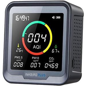 INKBIRDPLUS 6-in-1 Indoor Air Quality Monitor, Detects CO2, PM2.5, PM10, AQI, Temperature and Humidity with Alarm, for Rooms, Cellars, Grow Tents, Offices, etc. (PTH-9A)
