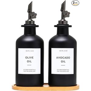 Olive Oil Dispenser for Kitchen, 11.8oz Glass Kitchen Dispenser Bottle, Black Oil&Vinegar Cruet Set, Leakproof Olive Oil Bottles | Set of 2 (11.8oz – Black)