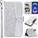 ULAK Compatible with iPhone 16 Wallet Case [RFID Blocking], Women PU Leather Shockproof Protective Folio Flip Cover with Card Holder Kickstand for iPhone16 6.1 inch, Silver Glitter