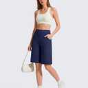 G4Free EverGoing Women's 10" Bermuda Shorts with Pockets - High Waisted Pull-On Walking Knee Length Shorts Casual Travel Everyday Comfort (Blue, XL)