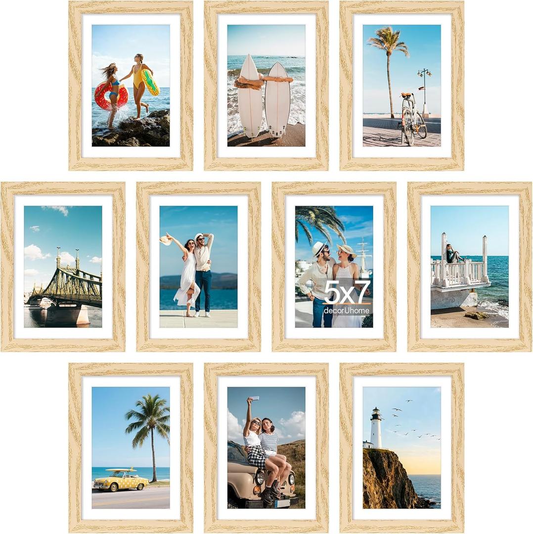 decorUhome 5x7 Picture Frame Set of 10, Display Photos 4x6 with Mat or 5x7 Unmatted for Picture Frames Collage Wall Decor, Natural
