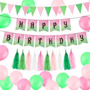 21pcs Pink and Green Birthday Party Decoration Set - Happy Birthday Banner Triangle Flag Paper Tassel and Balloons, Witch Theme Party Accessories Pink and Green Decorations for Women Girls