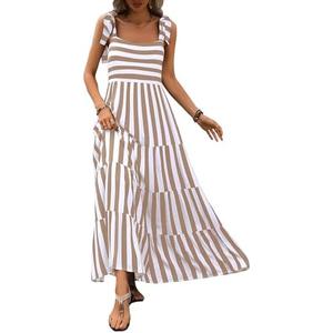 PRETTYGARDEN Womens Dresses 2025 Summer Striped Sleeveless Maxi Dress Casual Spaghetti Strap Tiered Flowy Beach Long Dress(Striped Khaki,Medium) at Amazon Womens Clothing store