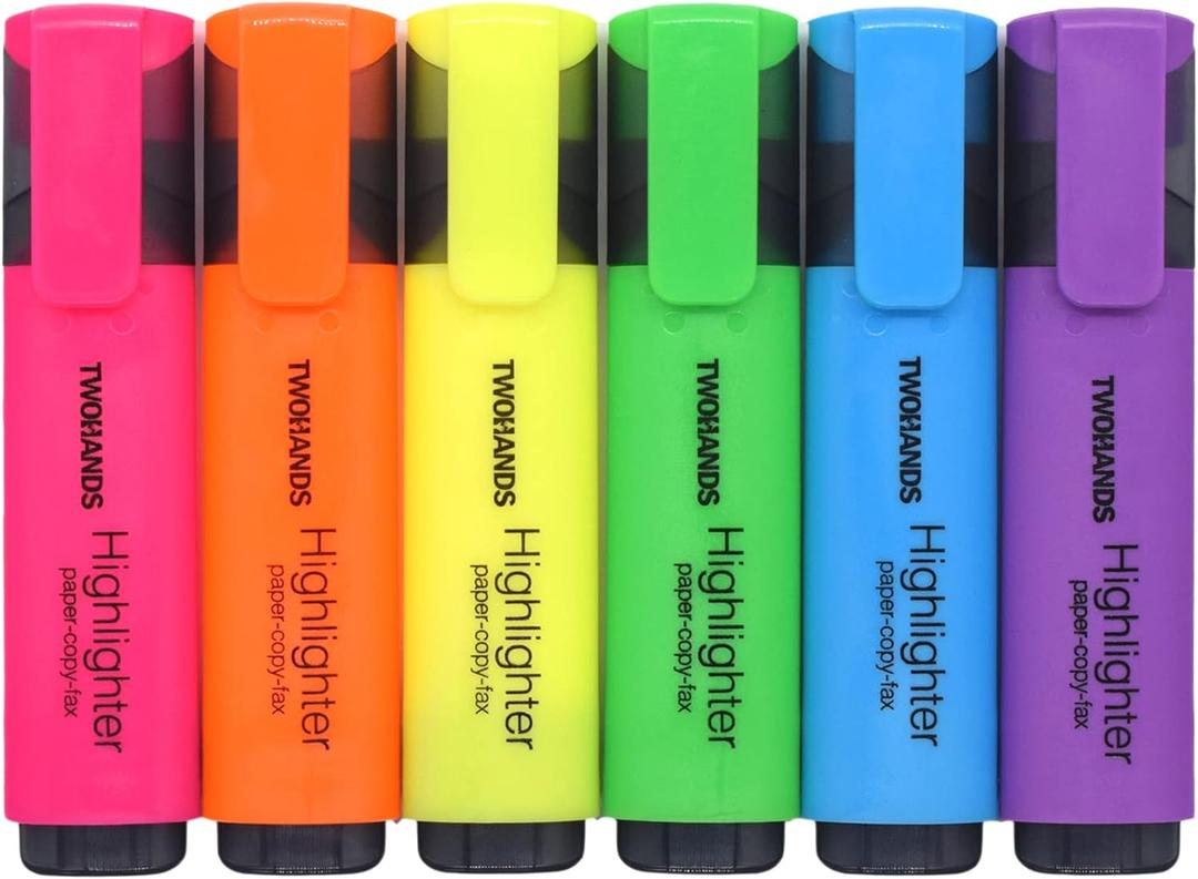TWOHANDS Highlighters,Chisel Tip Marker Pens,6 Assorted Colors,with Large Ink Reservoir for Extra Long Marking 20062 (1 Count (Pack of 6))