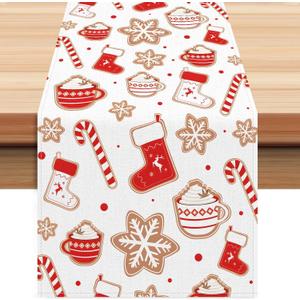 Christmas Table Runner Linen Winter Christmas Table Decorations Cartoon Candy Xmas Stocking and Snowflake Designs Holiday Table Runners Accessories for Home Party Decoration 72x13 Inch183x33cm