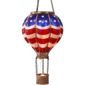 TERESA'S COLLECTIONS Hot Air Balloon Solar Lantern for Patriotic Garden Decor, 4th of July Hanging Flickering Flame Outdoor Lights for Trees, Blue&Red Memorial Day Decorations for Party Gift for Mom