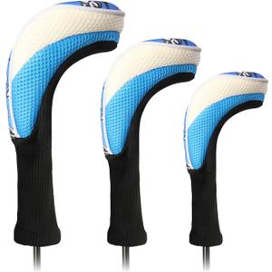 Black Golf Club Head Cover for Driver Fairway 3 Pcs Woods Headcovers, Golf Accessories Hybrid Head Covers Set with Interchangeable Tags 3 4 5 7 X, Logo-Blue Black 135
