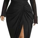 WDIRARA Women's Plus Size Off Shoulder Bodycon Dress Mesh Long Sleeve Ruched Split Midi Dresses (Black, XXXL)
