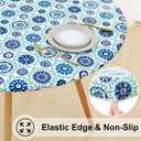 misaya Round Fitted Tablecloth with Elastic Edge, 100% Waterproof Oil Proof Plastic Table Cover, Vinyl Flannel Backed Tablecloth Fits 36"-44" Round Tables for Dinner, Outdoor, Picnic, Navy Mandala