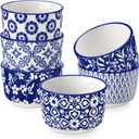 vancasso Selene 4 oz Mini Ceramic Ramekins Set of 6, Oven-Safe Baking Cups for Crme Brle, Souffls, Desserts, Handcrafted Blue and White Patterns