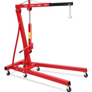 2 Ton Hydraulic Engine Hoist, 4400 LB Foldable Mobile Cherry Picker with 6 Casters & Adjustable Telescopic Booms, Heavy Duty Engine Crane for Garage, Warehouse, Auto Repair, Red