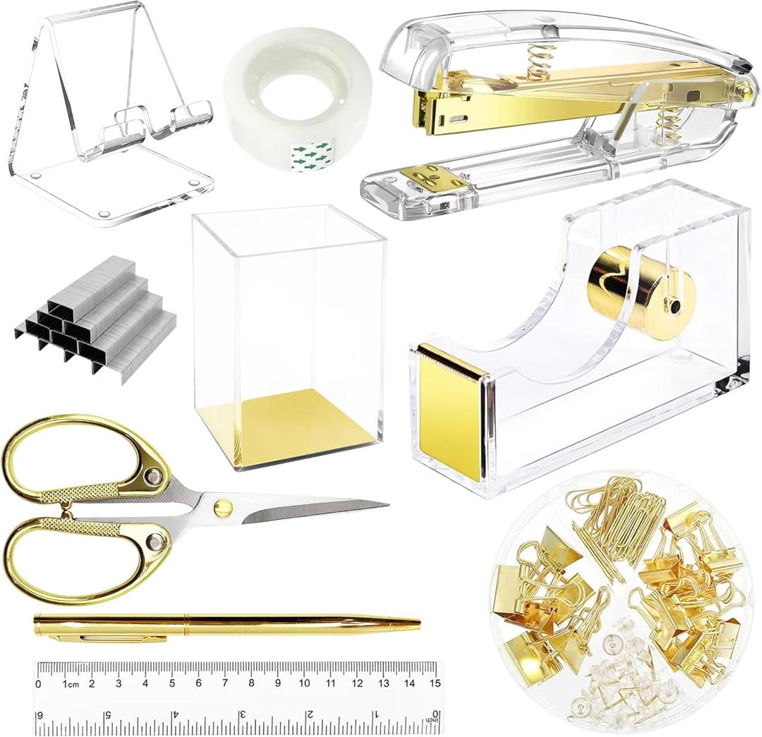 DRQ Gold Desk Accessories, Office Supplies Acrylic Stapler Set, 10Pcs Set for Office with Stapler, Tape Dispenser, Pens, Pen Holder, Phone Holder, Tape, Ruler, 1 Box Staple, Scissors and 1 Box of Clip