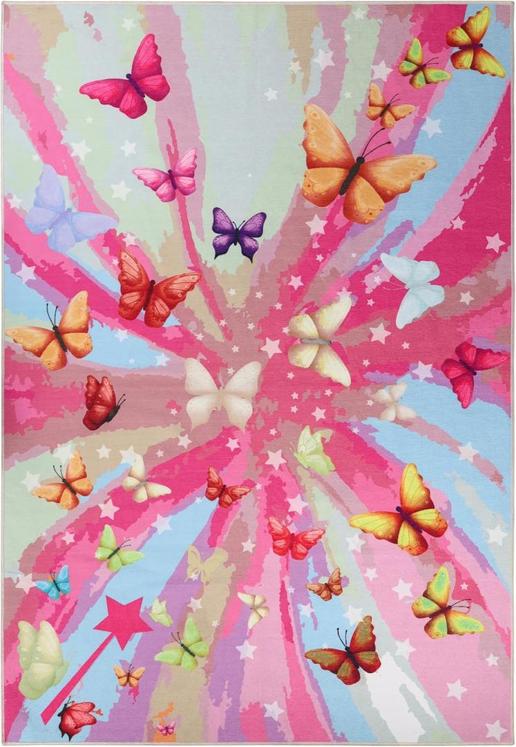 SUPERIOR Indoor Kids Rug, Washable, Non-Slip, Toddlers & Babies, Perfect for High Traffic Playroom, Kids Room or Bedroom, Butterfly Collection Perfect for Daycare Apricot 5'7" x 8'9"