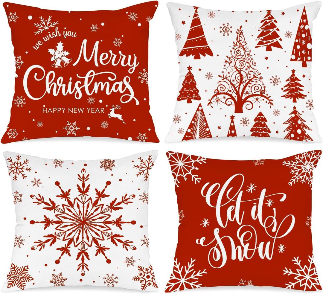 Lanpn Christmas Throw Pillow Covers 12x12 Set of 4, Merry Christmas Winter Xmas Snowflake Decorative Holiday Cushion Pillow Cases 12 x 12 for Outdoor Indoor Farmhouse Home Room Couch Decor (Red)
